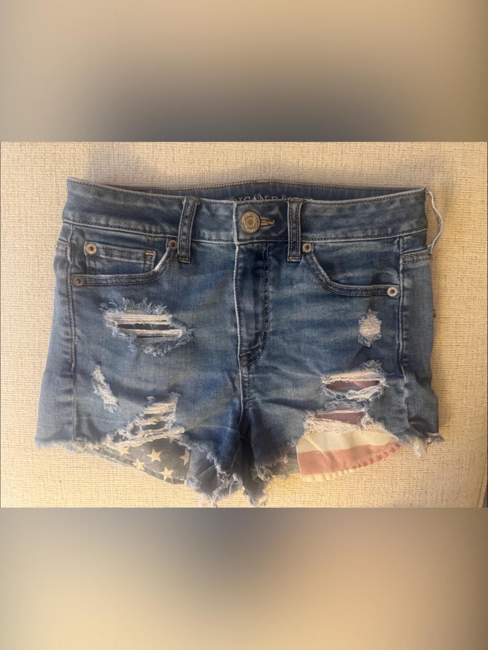 American Eagle Distressed Blue Denim Shorts with Flag Detail Vintage Americana